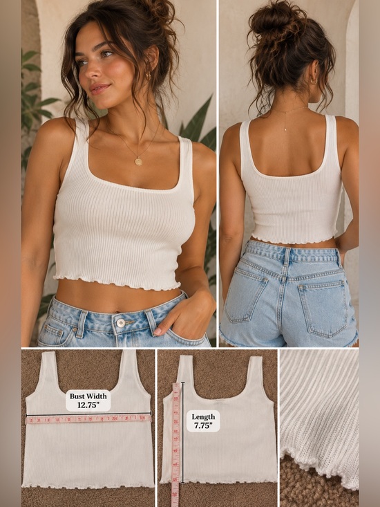 Forever 21 Tops - NWOT Forever 21 White Ribbed Lettuce Trim Crop Tank Top